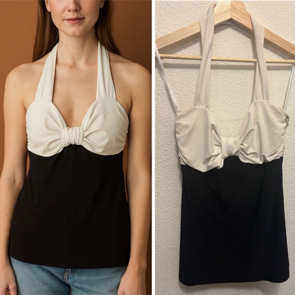 White House black market WHBM Black and White Halter Top shirt with Bow sz M